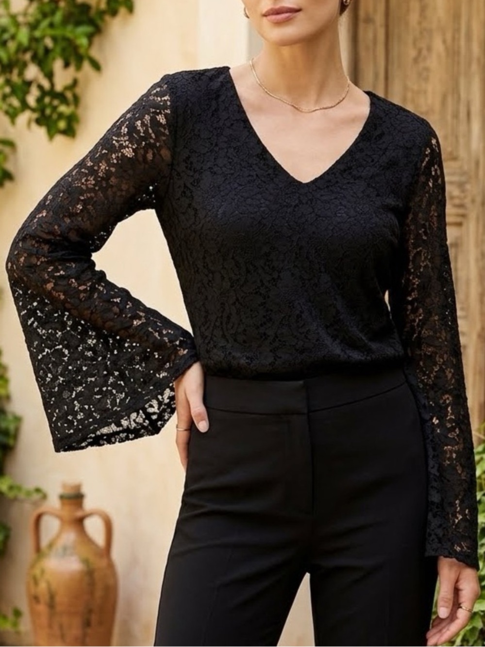 Catherine Malandrino Flare Sleeve Black Lace Top NWT